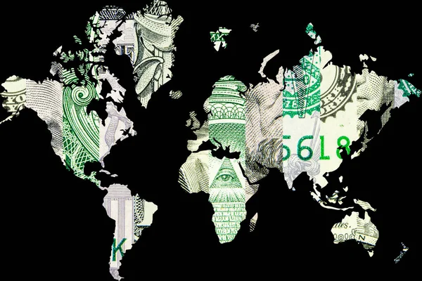 双曝光与世界地图和美元拼贴画作为背景 — 图库照片