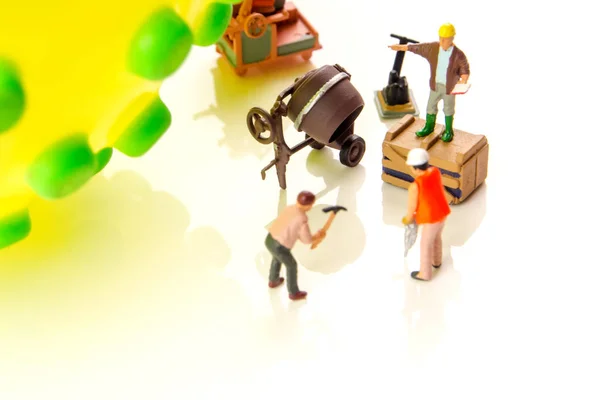 Closeup Big Corona Virus Team Miniature Figurines Workers Preparing Taking — Stock Photo, Image