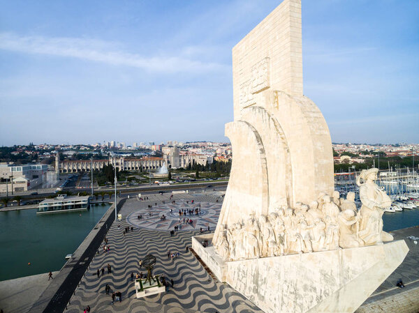 Aerial View of Monument to the Discoveries, Belem district, Lisbon, Portugal