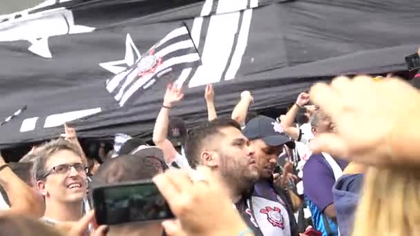 SAO PAULO, BRASIL - 07 MAYO 2017: Multitud de aficionados al fútbol celebran en el estadio — Vídeos de Stock