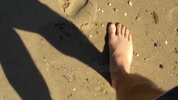 Point of View of man walking - foot on sandy beach — Stock Video