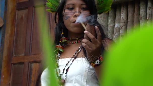 Mujer indígena fumando pipas en una tribu Tupi Guarani, Brasil — Vídeos de Stock