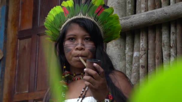 Indigene Frau beim Pfeifenrauchen in einem Stamm der Tupi Guarani, Brasilien — Stockvideo