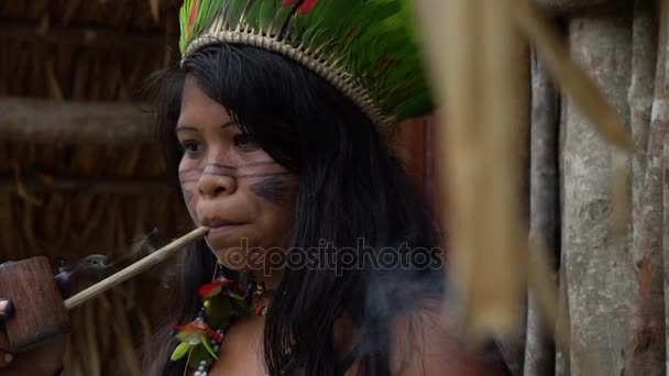 Mulher indígena fuma cachimbos em uma tribo tupi guarani, Brasil — Vídeo de Stock