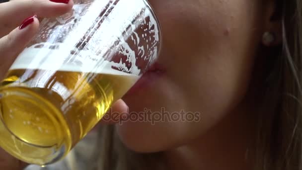 Closeup of Woman drinking Beer — Stock Video