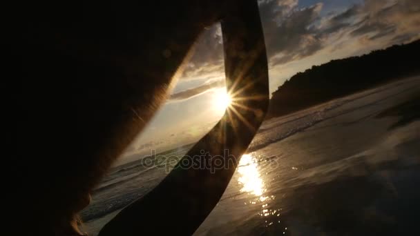 Vue arrière d'un couple qui s'amuse et se tient la main sur la plage - Slow Motion 