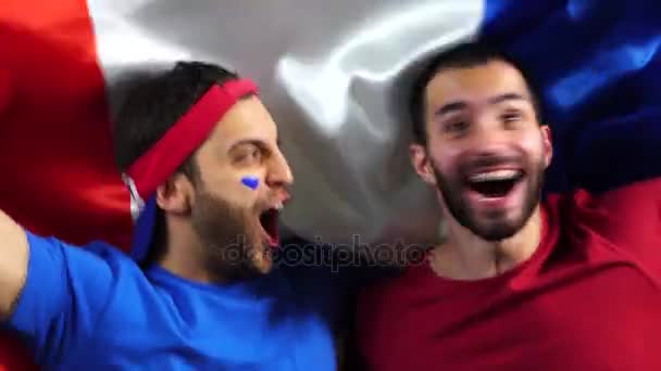 Amigos franceses celebrando con la bandera de Francia — Vídeos de Stock