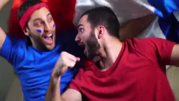 Французские друзья празднуют с флагом Франции — стоковое видео