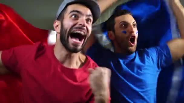 Amigos franceses celebrando con la bandera de Francia — Vídeo de stock