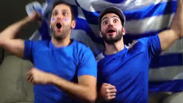 Amigos griegos celebrando con bandera de Grecia — Vídeo de stock