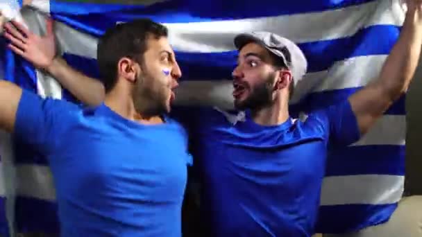 Grecki znajomych obchodzi z flaga Grecja — Wideo stockowe