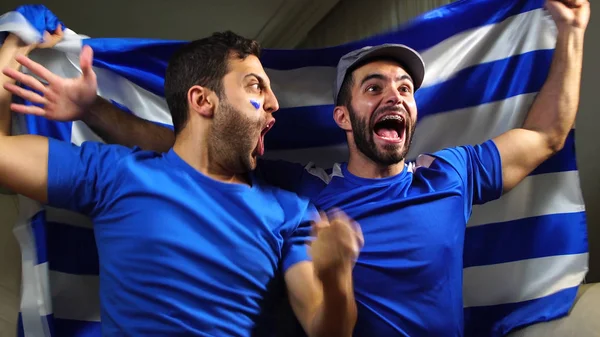 Grecki znajomych obchodzi z flaga Grecja — Zdjęcie stockowe