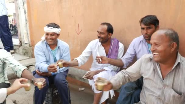 Grupo de personas divirtiéndose y bebiendo sus vasos de té — Vídeo de stock