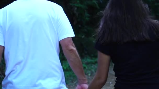 Батько і дочка тримаються за руки — стокове відео