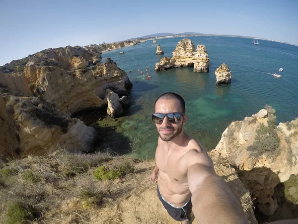 Algarve, Portekiz bir plaj harika görünümü selfie