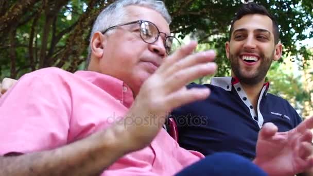 Pai e filho (em cadeira de rodas) Conversando e se divertindo no parque — Vídeo de Stock