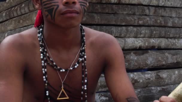 Natív brazil férfi (Indio) egy bennszülött törzs Brazíliában — Stock videók