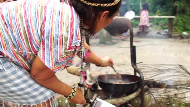 САО-ПАУЛО, БРАЗИЛ - CIRCA SEPTEMBER 2017: Primitive Brazilian Indigenous Frying Fish on Tribe — стоковое видео