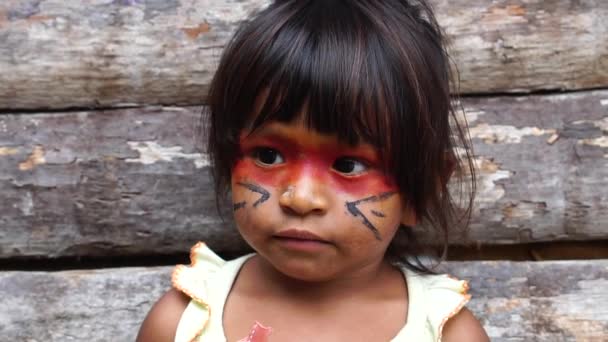 Симпатичный бразильский ребенок из племени Тупи Гуарани, Бразилия — стоковое видео