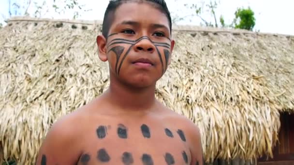 Native Braziliaanse jongen op een inheemse stam Tupi Guarani in Brazilië — Stockvideo