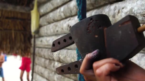 Mulher indígena fuma cachimbos em uma tribo tupi guarani, Brasil — Vídeo de Stock