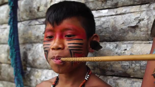 Jovem indígena fuma cachimbos em uma tribo tupi guarani, Brasil — Vídeo de Stock