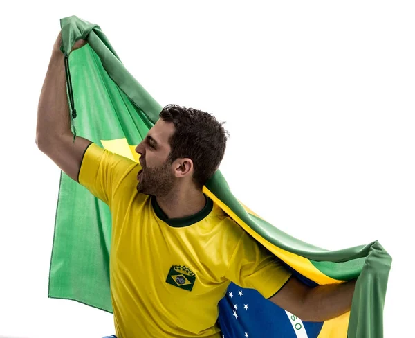 Бразильский Фанат Празднует Белом Фоне — стоковое фото