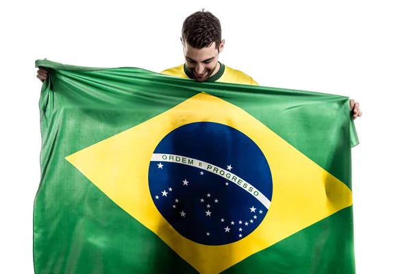 Brasilianischer Fan Feiert Auf Weißem Hintergrund — Stockfoto