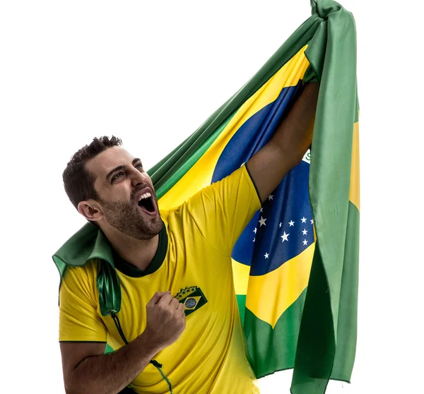 Fanul Brazilian Sărbătorește Fundal Alb — Fotografie, imagine de stoc