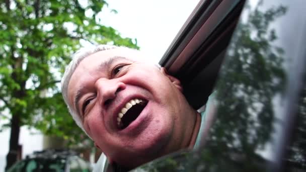 Hombre Mayor Feliz Mirando Por Ventana Viaje — Vídeo de stock