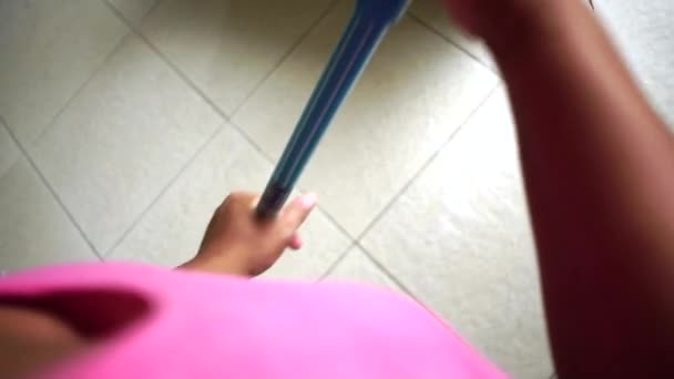 Housemaid Cleaning Floor Broom Pov — Stock Video