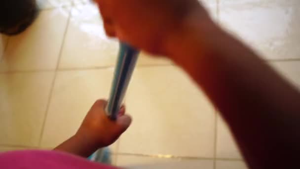 Housemaid Cleaning Floor Broom Pov — Stock Video