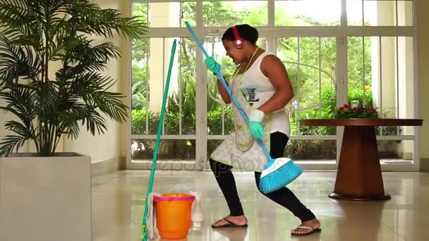 Funny Housekeeper Dancing Having Fun Broom — Stok Video