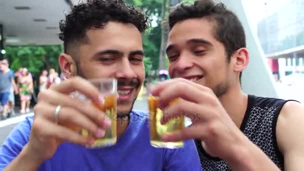 Homosexual Couple Raising Toast Beer Bar — Stock Video