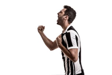 Beyaz arka plan üzerinde kutluyor futbol fan