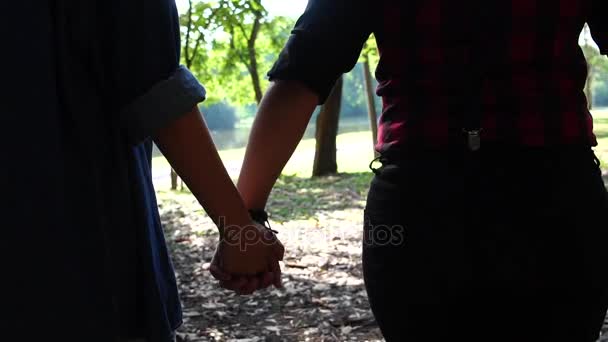 Pareja Lesbiana Caminando Parque Slow Motion — Vídeos de Stock