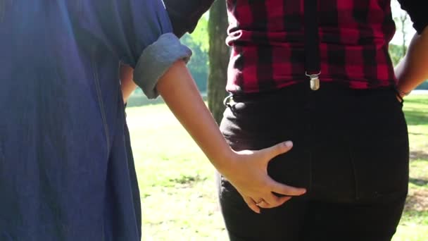 レズビアンのカップルがお尻に手を徘徊 — ストック動画