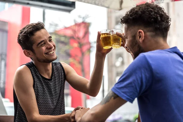 Homosexual Couple Raising a Toast with Beer in Bar