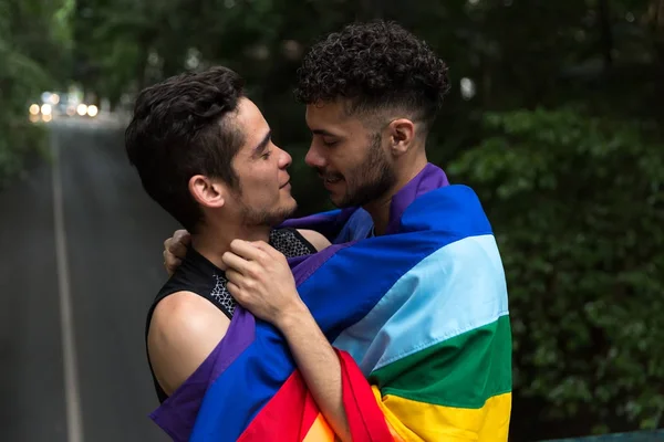 Schwules Paar Küsst Sich Mit Regenbogenfahne Park — Stockfoto