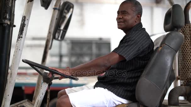 Portrait Industrial Worker Driving Forklift — Stock Video