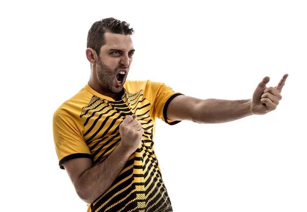 白い背景に黄色のシャツを祝ってサッカーファン — ストック写真