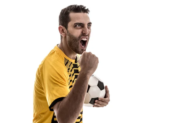 Abanico Fútbol Con Camisa Amarilla Celebrando Sobre Fondo Blanco — Foto de Stock