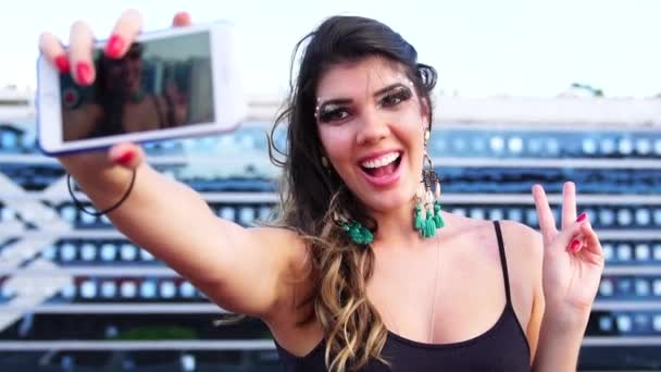 Make Girl Carnival Costume Taking Selfie — Stock Video