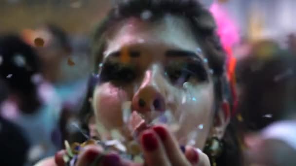 Girl Blowing Colorful Confetti Salvador Carnaval Brazil — Stock Video