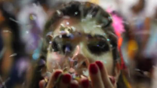 Girl Blowing Colorful Confetti Salvador Carnaval Brazil — Stock Video