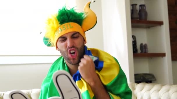 Brazilian Fan Celebrating Home — Stock Video