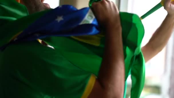 Отец Сын Празднуют Победу Бразилии — стоковое видео