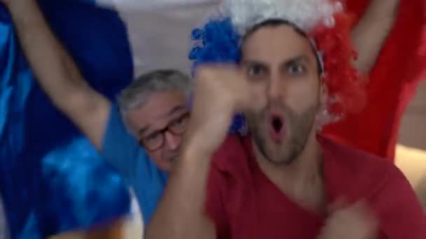 フランスの父と息子のファンを見て サッカーのゲームを祝う — ストック動画