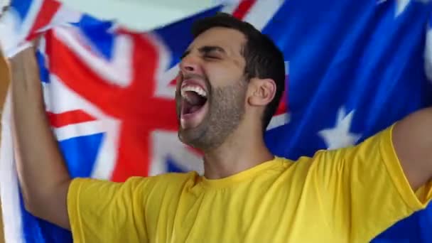 Australian Fan Celebrating Flag — Stock Video