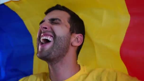 Romania Fan Celebrating Flag — Stock Video